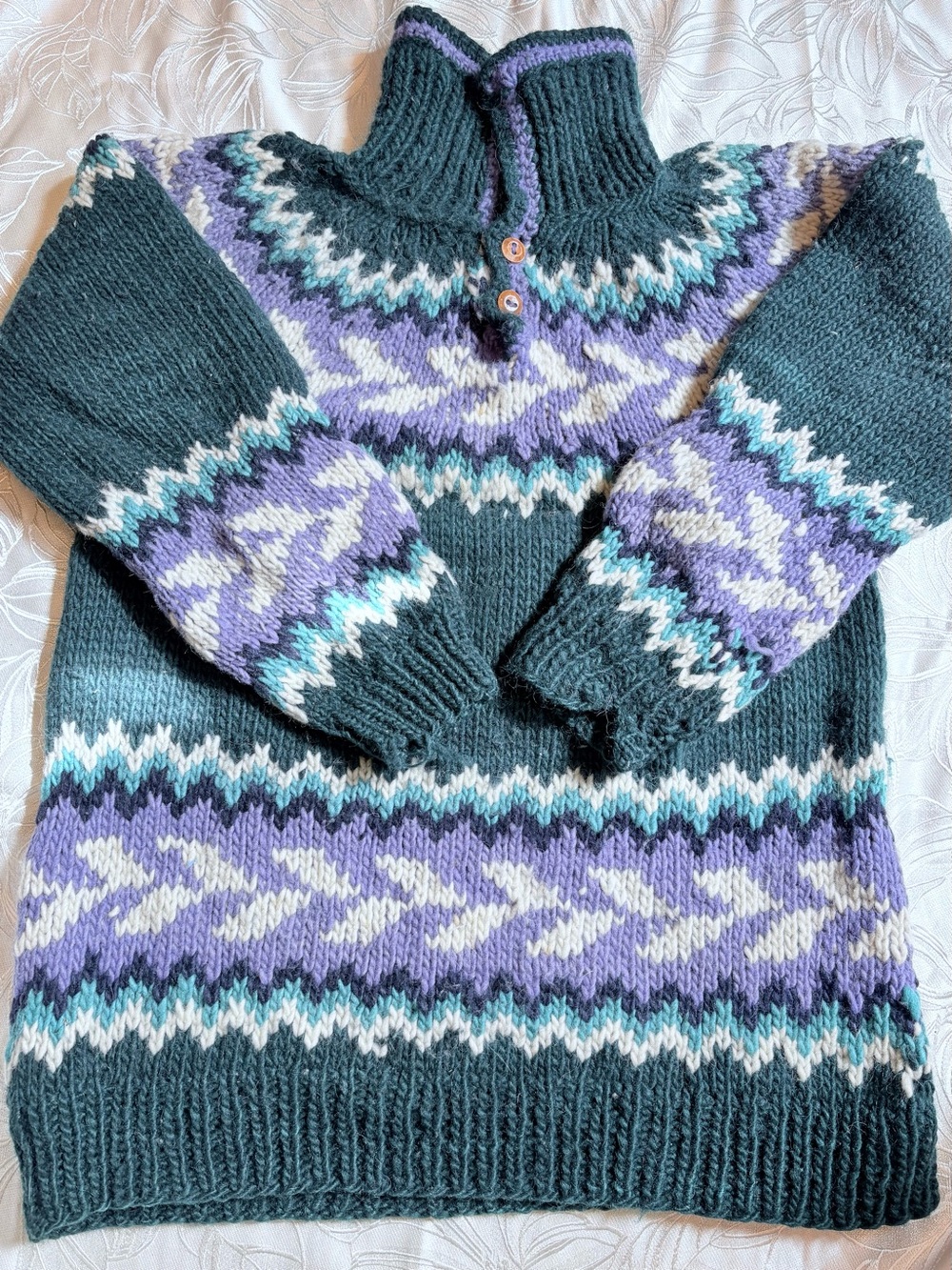 Hand Crafted Dark Teal Cowl-Neck Sweater Purple & White Fair Isle - XL (unisex)